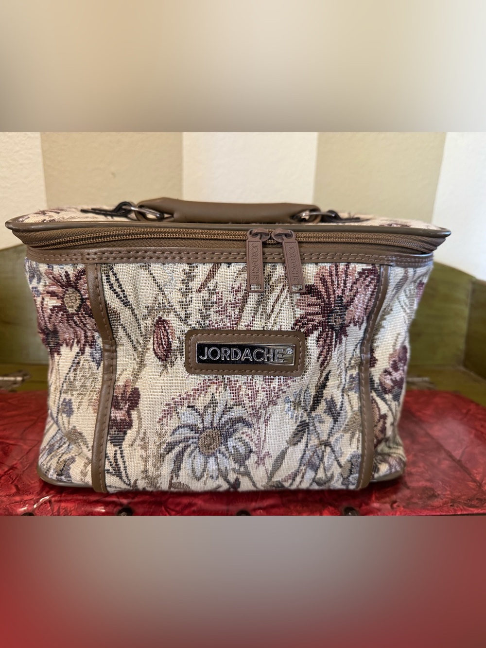 Jordache Floral Tapestry Cosmetic Case in Brown, Cream, Mauve